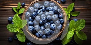 Blueberry banner. Bowl full of blueberries. Close-up food photography background