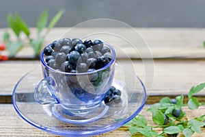 Blueberry berries lie in a cup on a table in the kitchen