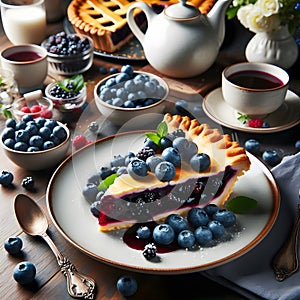Blueberry cheesecake with fresh berries and coffee on a dark background