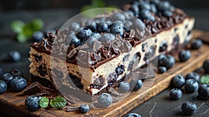 Blueberry chocolate cheesecake slice on wooden board