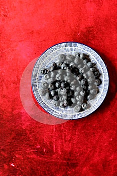 Blueberry on a decorative ceramic plate. Simple still life with summer berries. Textured background with copy space.