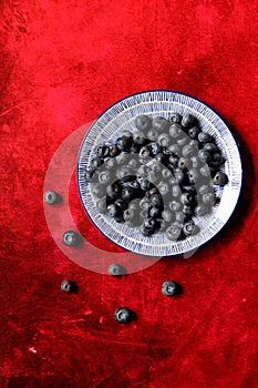 Blueberry on a decorative ceramic plate. Simple still life with summer berries. Textured background with copy space.