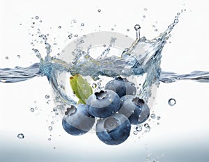 Blueberry fruits splash in clear water isolated on white