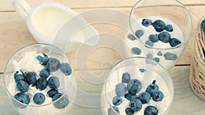 Blueberry in a glass of milk. Milk shake