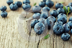 Blueberry, great bilberry or bog whortleberry on wooden board photo