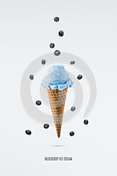 Blueberry ice cream flavor in cones with fresh blueberry setup o