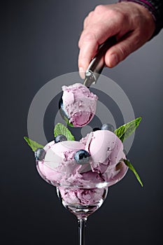 Blueberry ice cream with mint and berries