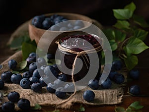 Blueberry jam in a glass jar and fresh berries on a dark background