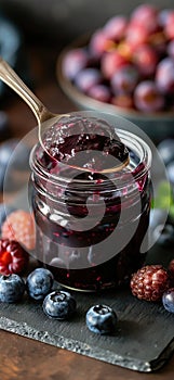 Blueberry jam. Spoon scooping homemade blueberry jam from a glass jar surrounded by fresh blueberries