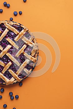 Blueberry lattice tart above view. Homemade fruits pie