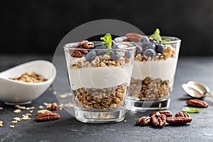 Blueberry layered parfait with ricotta cheese, granola and pecan nuts