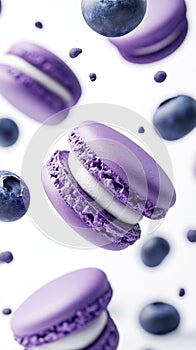 Blueberry macarons floating in air photo