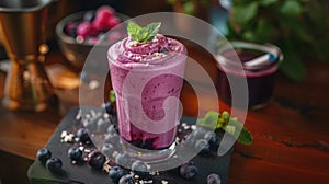 blueberry milkshake, indulge in a rich blueberry milkshake topped with a fresh mint leaf, a tasty and creamy beverage