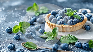 Blueberry mini tart on white cutting board with vintage teaspoons, top view for bakery concept