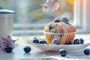 Blueberry muffin with blossoms on windowsill