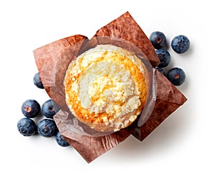 Blueberry muffin isolated on white, from above