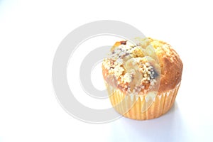 blueberry muffin topping sugar in paper on white background