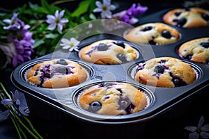 Blueberry muffins in a baking dish