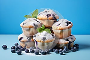 Blueberry muffins with berry fruits on blue background