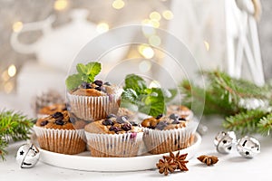 Blueberry muffins with fresh berries and Christmas, Xmas or New Year decorations