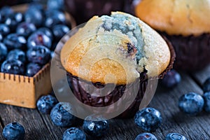 Blueberry muffins and fresh berries on wooden table