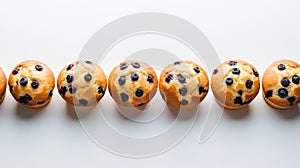 Blueberry muffins isolated on white background top view minimalism. Blueberry muffins. Copy space. Photo texture. Horizontal