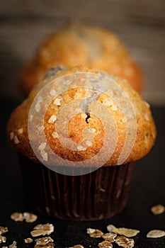 Blueberry muffins in a rustic style.