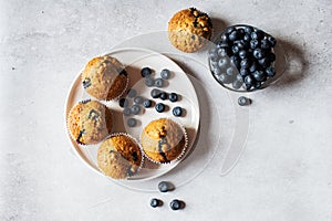 Blueberry muffins served in a plate on a marble background. Top view