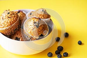 Blueberry muffins served on a white bowl on a yellow background. Close up