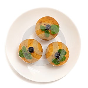 Blueberry muffins on white plate. Isolated on white background. Top view