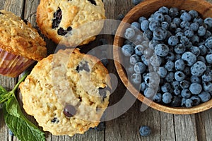 Blueberry muffins on wooden board