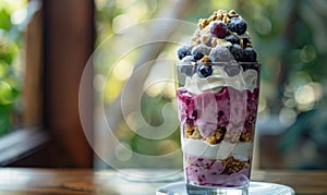 Blueberry parfait layered with yogurt and granola