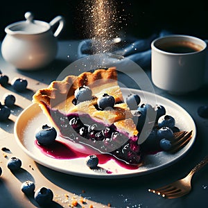 Blueberry pie with fresh berries and cup of tea, closeup