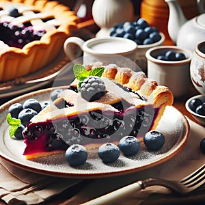 Blueberry pie with fresh berries on a plate. toning. selective focus