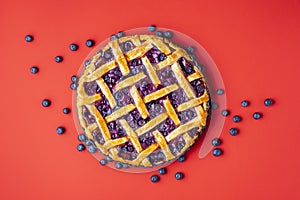 Blueberry pie with fresh blueberry fruits and lattice crust. Classic easy pie