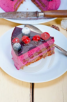 Blueberry and raspberry cake mousse dessert