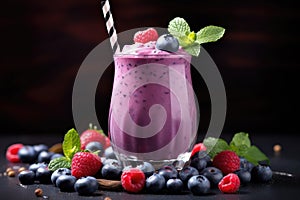 Blueberry and raspberry smoothie in a glass on a black background, Blueberry smoothie or milkshake with fresh berries, AI