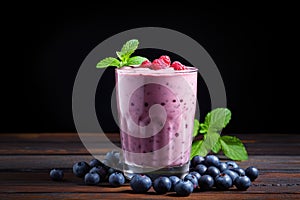 Blueberry smoothie in glass with fresh berries on dark wooden background, Blueberry smoothie or milkshake with fresh berries, AI