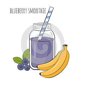 Blueberry smoothie in jar with ingredients