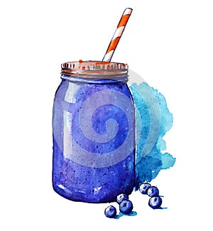 Blueberry smoothie. Mason jar. Watercolor. Hand painted.