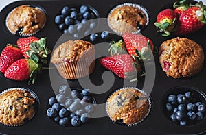 Blueberry and strawberry muffins with berries. Close up. Top view