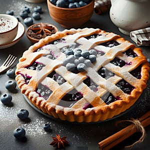 Blueberry tart with cup of coffee on a stone table. toning. selective focus