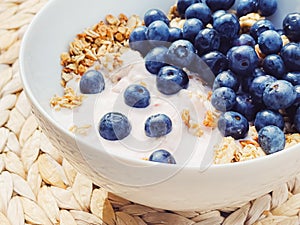 Blueberry yogurt cereal bowl as healthy breakfast and morning meal, sweet food and organic berry fruit, diet and