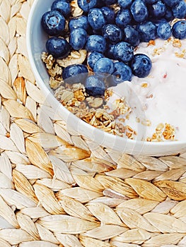 Blueberry yogurt cereal bowl as healthy breakfast and morning meal, sweet food and organic berry fruit, diet and