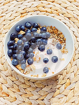 Blueberry yogurt cereal bowl as healthy breakfast and morning meal, sweet food and organic berry fruit, diet and