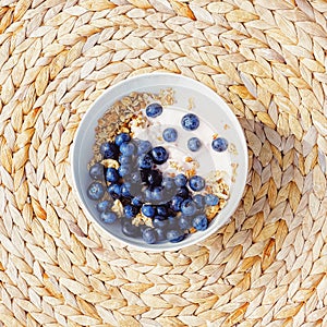 Blueberry yogurt cereal bowl as healthy breakfast and morning meal, sweet food and organic berry fruit, diet and