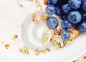 Blueberry yogurt cereal bowl as healthy breakfast and morning meal, sweet food and organic berry fruit, diet and