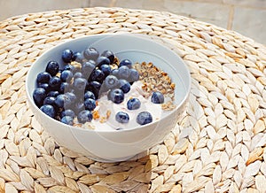 Blueberry yogurt cereal bowl as healthy breakfast and morning meal, sweet food and organic berry fruit, diet and