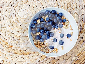 Blueberry yogurt cereal bowl as healthy breakfast and morning meal, sweet food and organic berry fruit, diet and