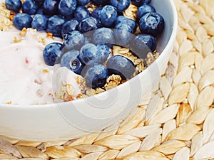 Blueberry yogurt cereal bowl as healthy breakfast and morning meal, sweet food and organic berry fruit, diet and